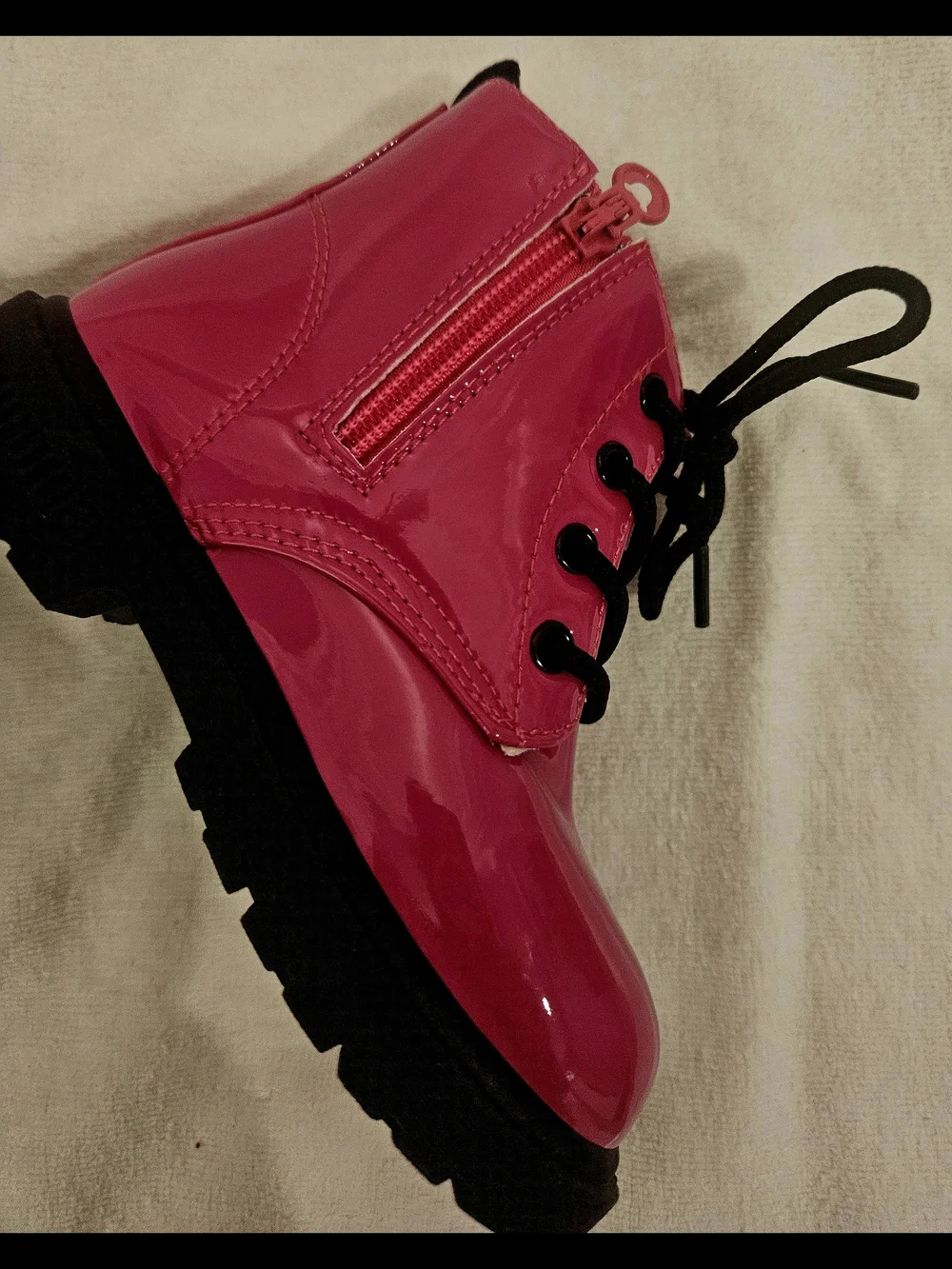 Girls' Shiny Hot Pink Lace-Up Ankle Boots with Cozy Lining